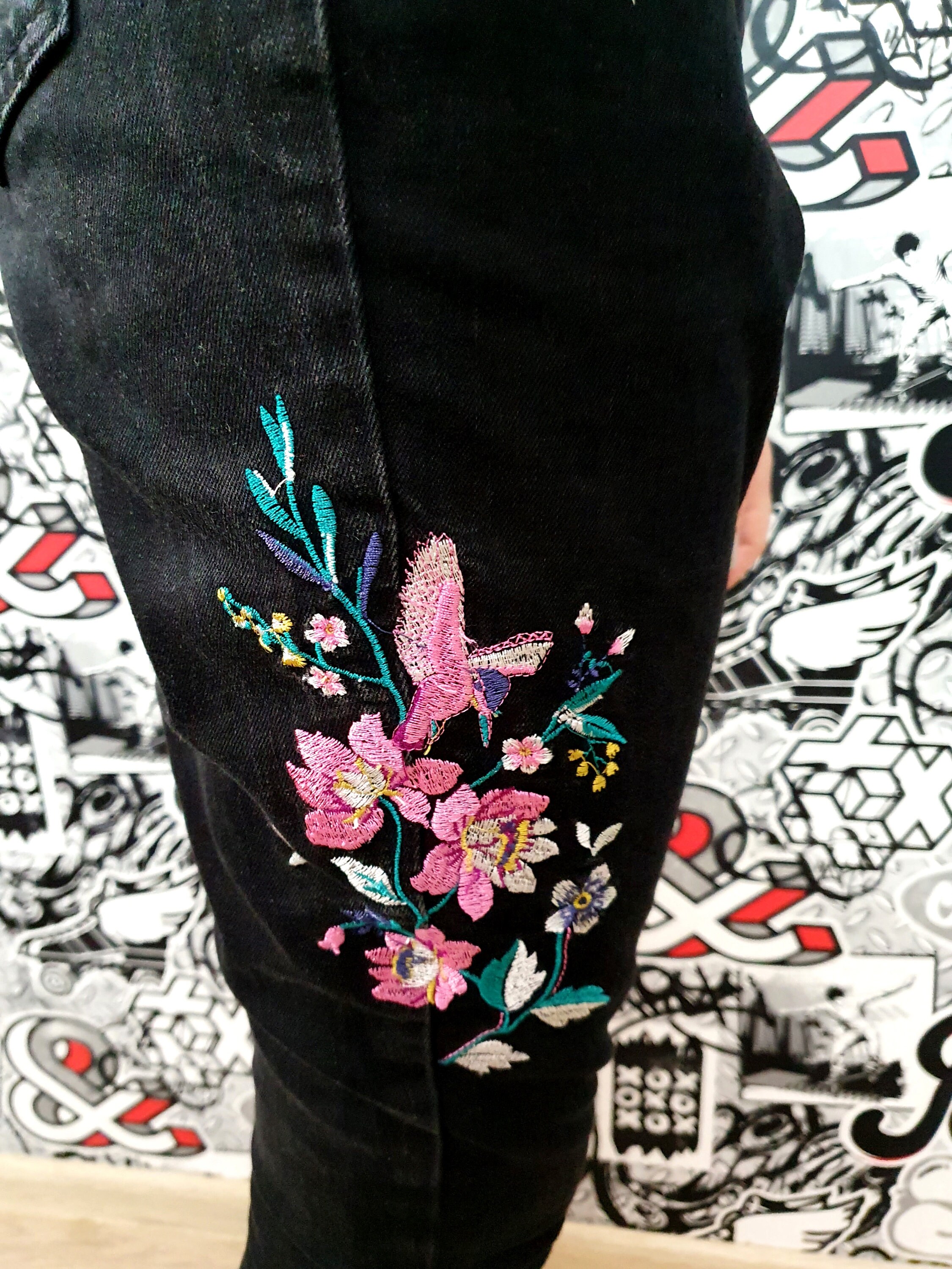 Skinny Floral Embroidered Pants Black Denim Pants Stretch Etsy