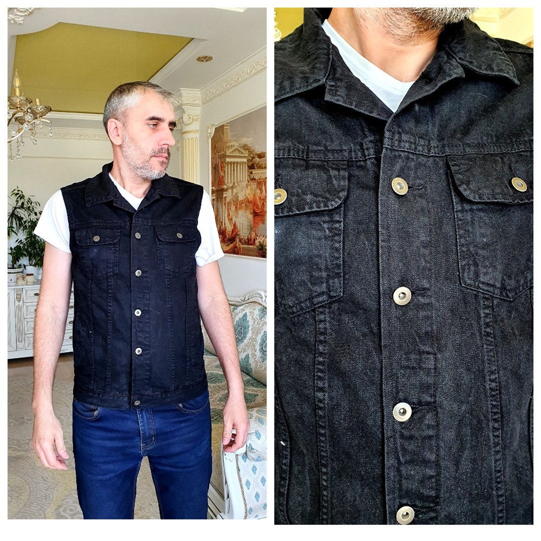 Black Denim Vest Mens Denim Vest Men Waistcoat Black Vest Etsy