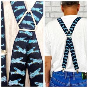 pilot gift mens navy blue Suspenders vintage airplane plane print Suspenders Festival Suspenders party royal suspenders mens elastic Braces
