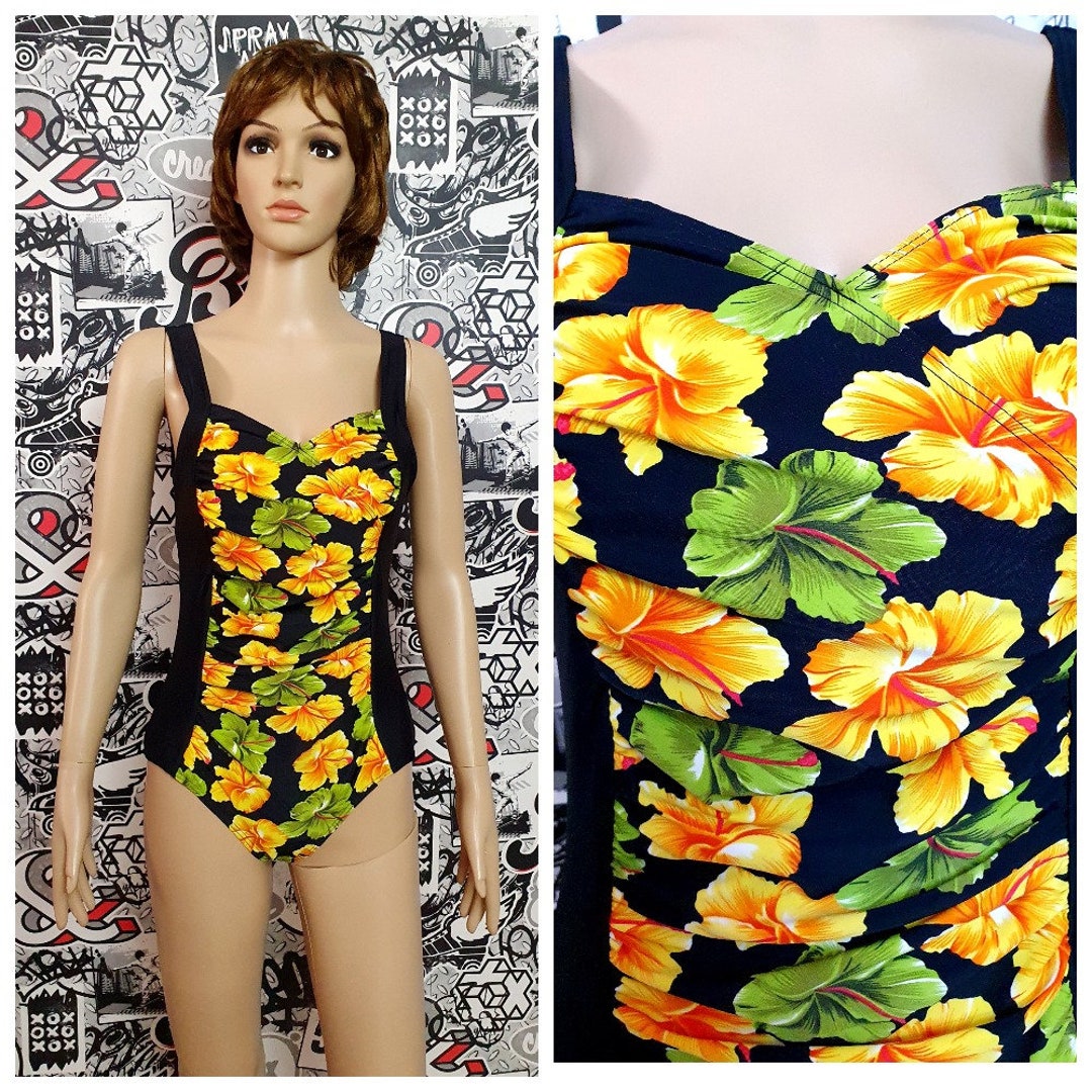 Hibiscus Print Floral Swimwear Vintage Black Swimsuits Floral Swimsuit Vintage One Piece Bathing
