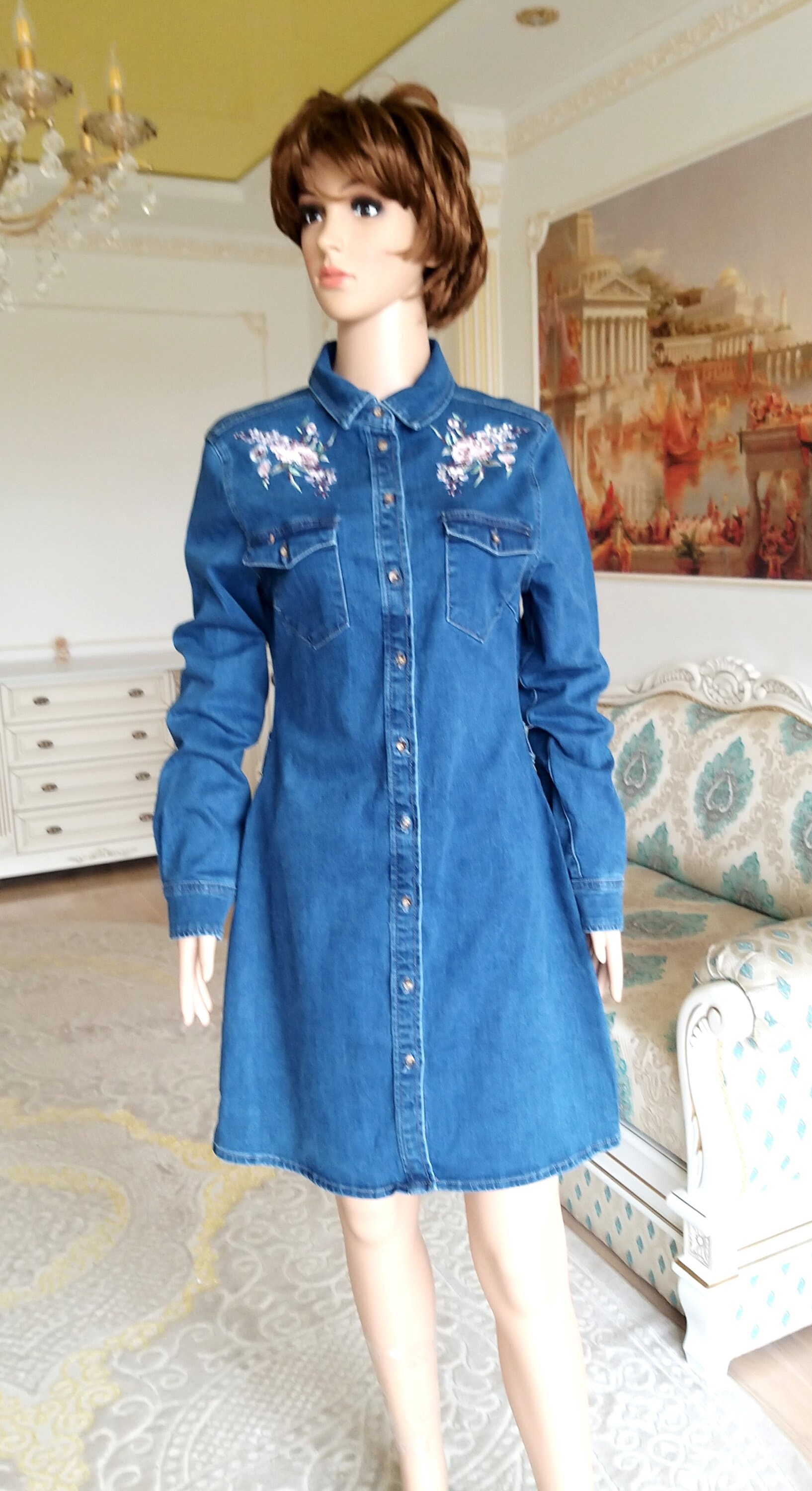 送料無料の商品 Embroidered Jean Dress Denim Dress Womens Dress Floral Clothing