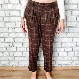 Vintage  womens  Brown Plaid pleated wool Pants L boho hippie Pants Brown tartan Pants Disco Pants plaid Trousers