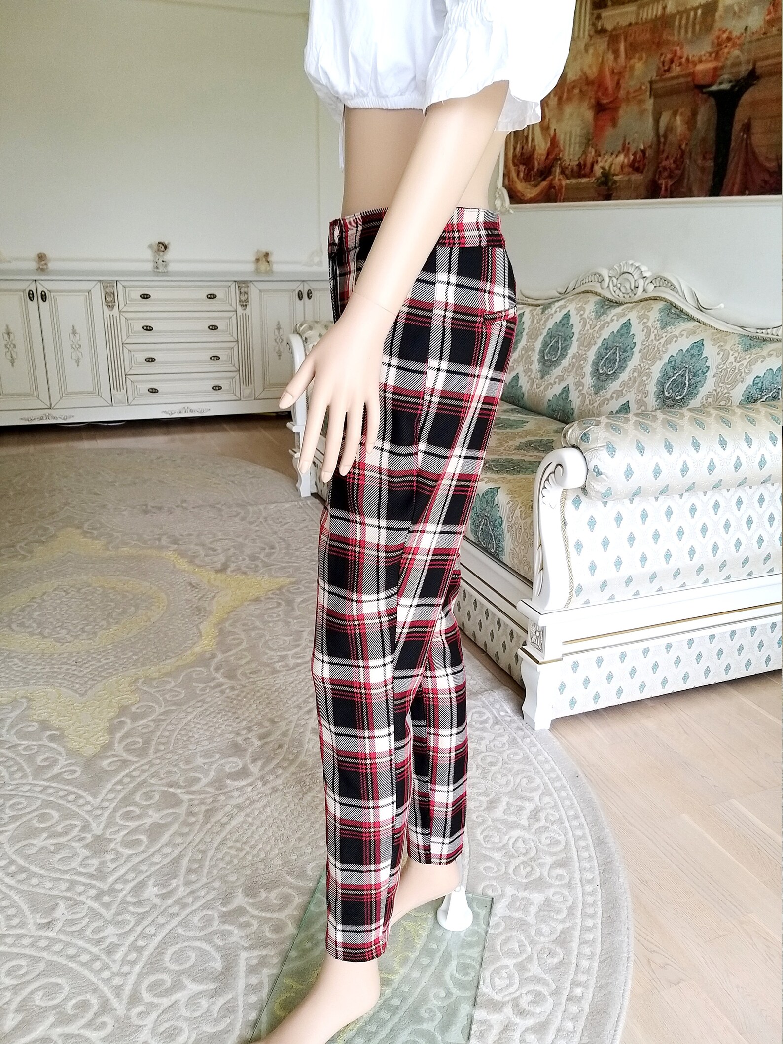 womens plaid pants with side stripe