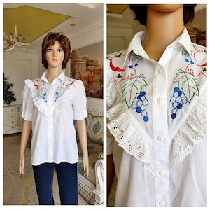 womens blouse Retro blouse puffy sleeve Blouse floral print blouse Ruffle blouse Edwardian Blouse Victorian Blouse flower blue blouse L