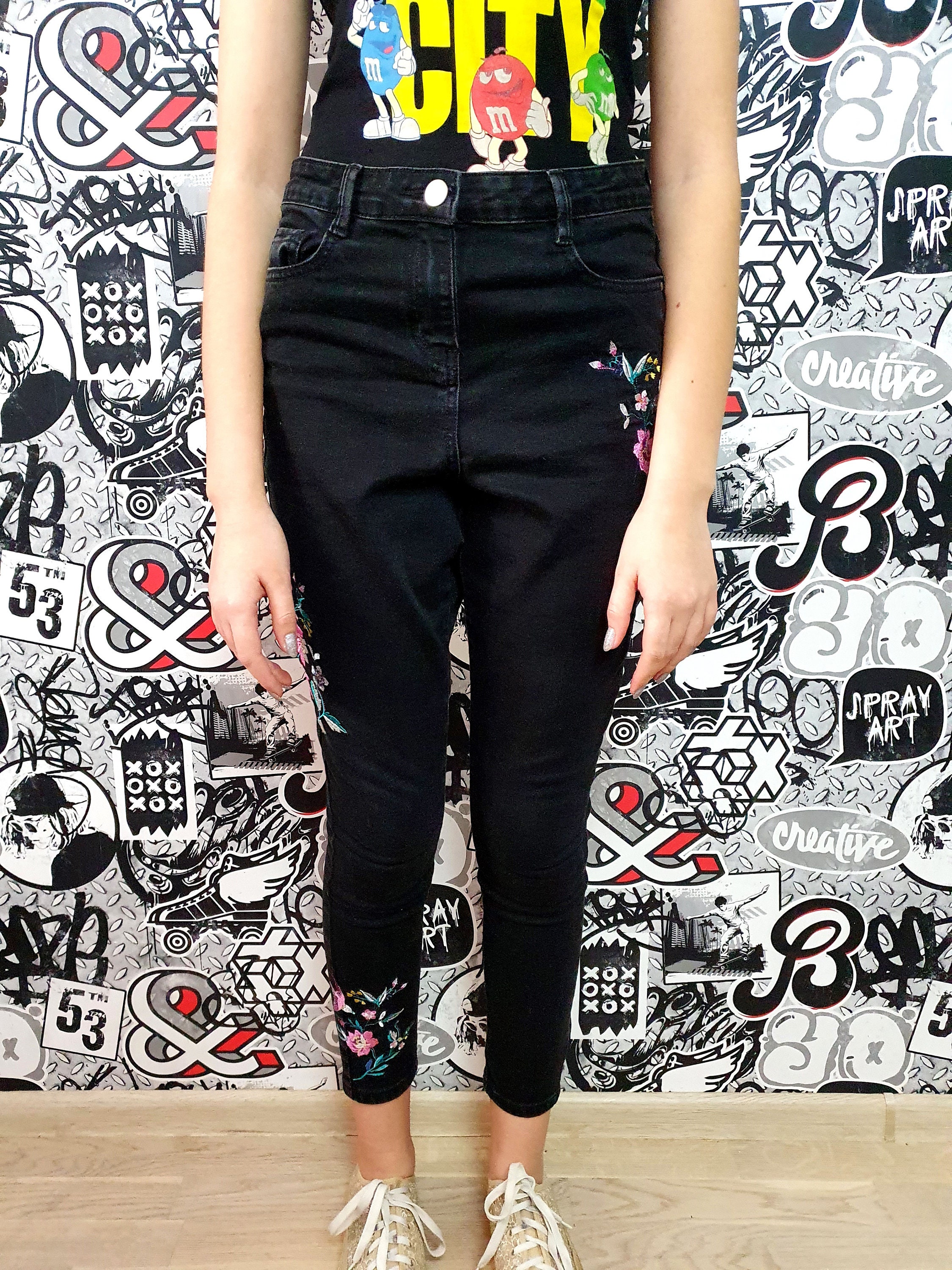 Skinny Floral Embroidered Pants Black Denim Pants Stretch Etsy