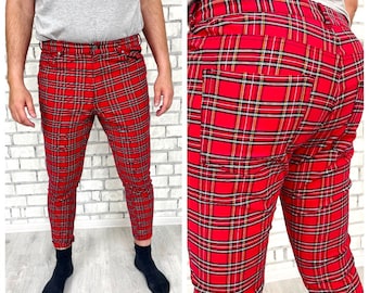 Mens Trousers L red Plaid Pants Retro Pants Mens Pants skinny Pants Checkered Tartan Pants Golf Pants Disco Pants plaid Trousers