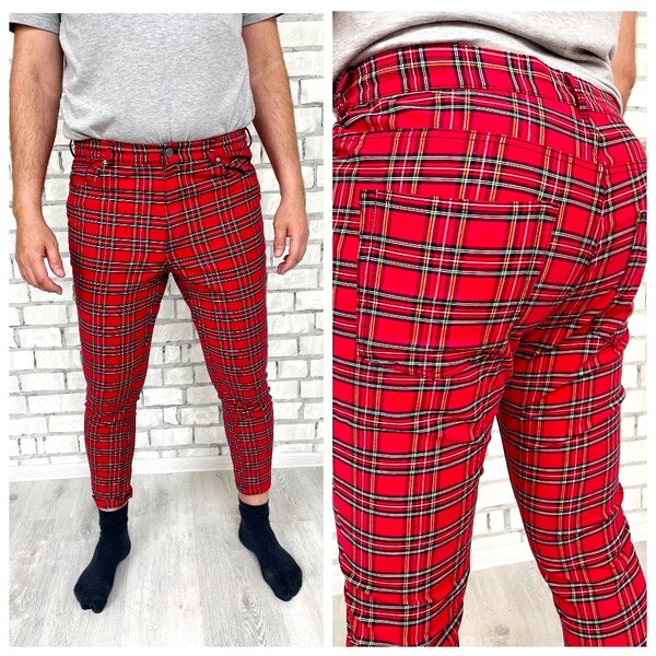 Mens Trousers L red Plaid Pants Retro Pants Mens Pants skinny Pants Checkered Tartan Pants Golf Pants Disco Pants plaid Trousers