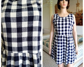 womens dress plaid dress L Navy Blue dress Checkered dress boho dress beach dress skater dress oversize dress summer dress Babydoll dress