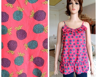 womens top Vintage beach top pink Top pineapple print top  tank top  festival top tropical Print top Summer top everyday top XL