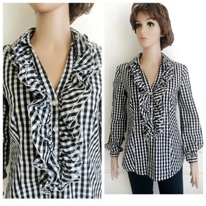 Ruffle blouse black white Gingham Shirt  black white Blouse Dirndl Blouse Gingham Blouse dirndl top check shirt check Blouse m