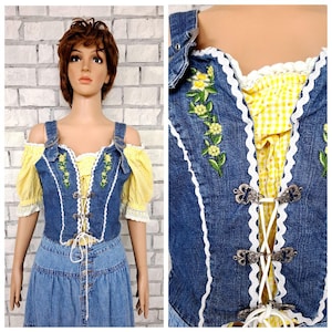 Denim Dirndl Top Denim top L Dirndl Blouse   folk blouse festival top Octoberfest Blouse Victorian top Oktoberfest