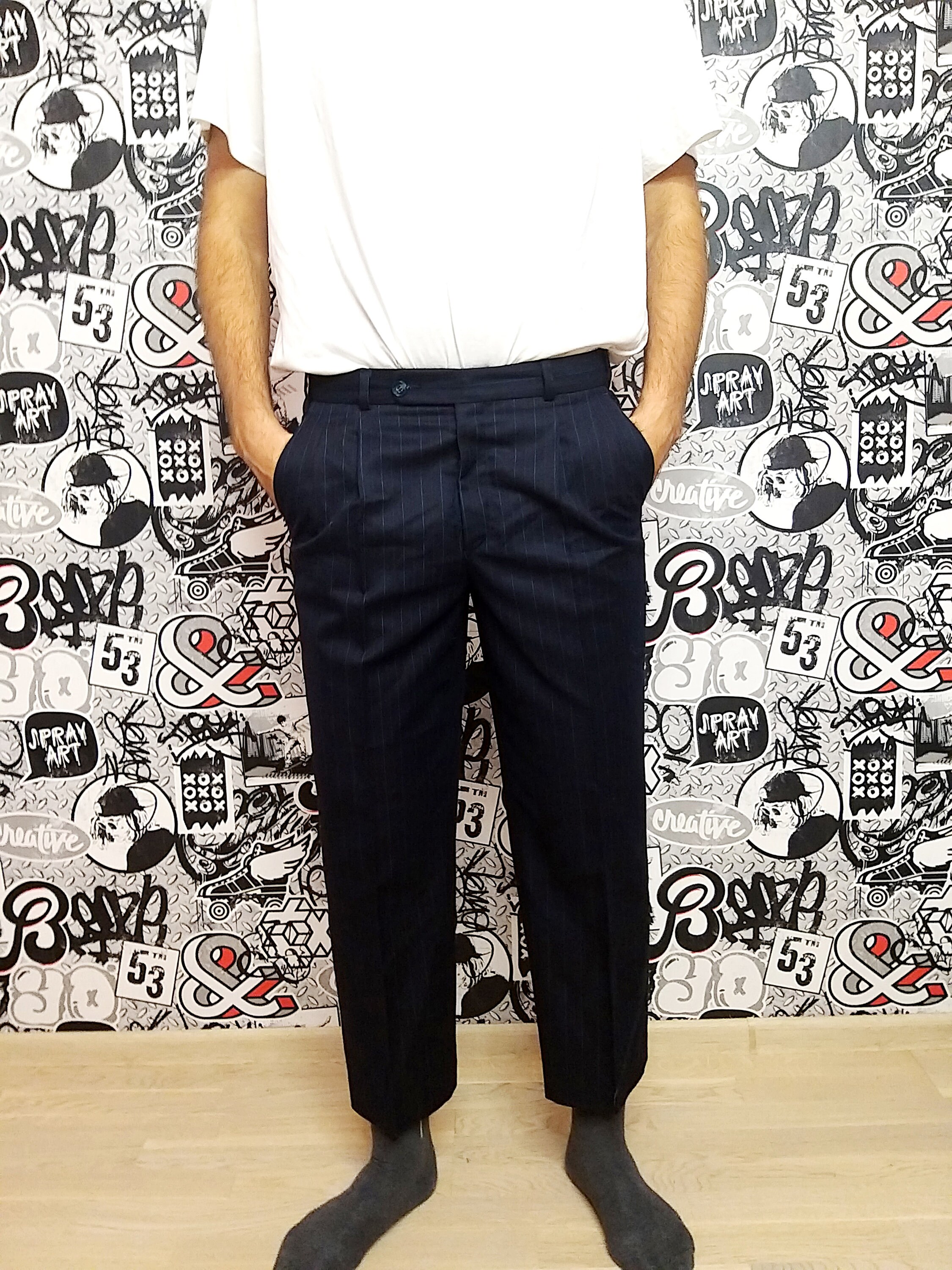~90'S Striped Pattern Slacks Pants Men's W34 Vintage unclear Charcoal Vintage Second Hand