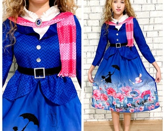 9 años. Vestido de niña, disfraz de Mary Poppins, vestido de Halloween, vestido de Mary Poppins, estampado de Mary Poppins, fiesta de cosplay, disfraz azul, ropa de Halloween