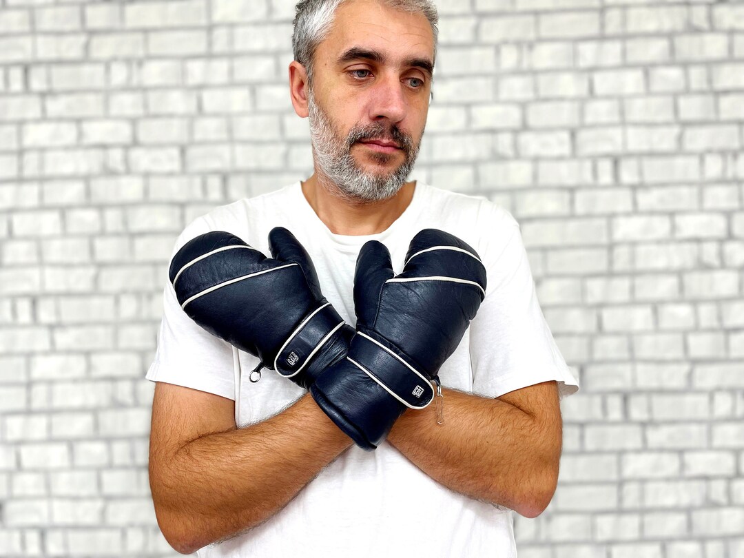 Navy Blue Leather Gloves Leather Mittens Mens Leather Gloves Etsy