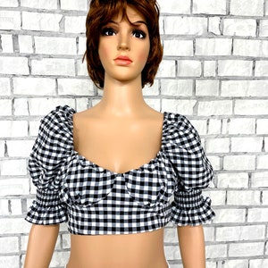 black white Gingham Shirt M/L Gingham Dirndl Blouse Gingham Blouse dirndl top Gingham top black white check shirt check Blouse crop top
