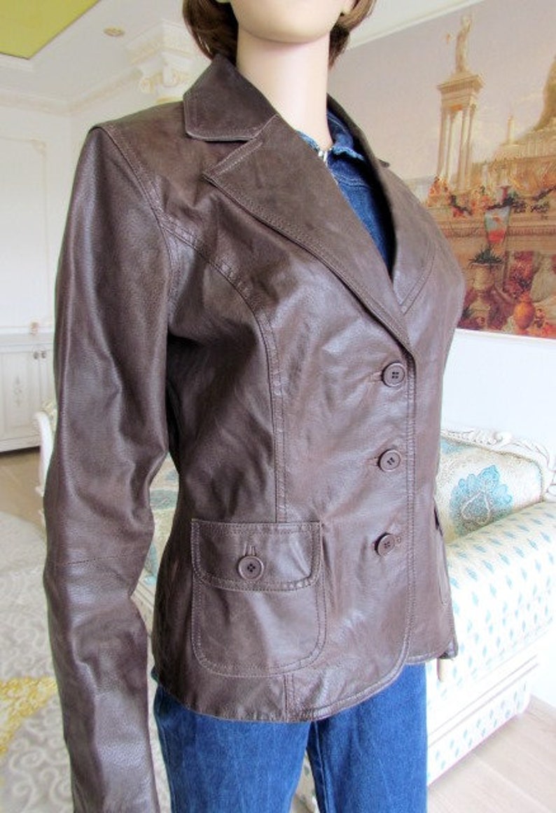 womens Leather blazer 70s retro blazer womens Leather Clothing Vintage Leather jacket brown blazer brown jacket buttom Blazer M image 5