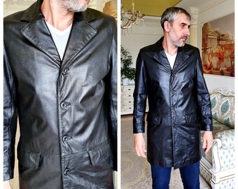 Mens Leather coat Vintage black Leather Jacket S/M Leather overcoat Mens Leather Blazer Sports Coat