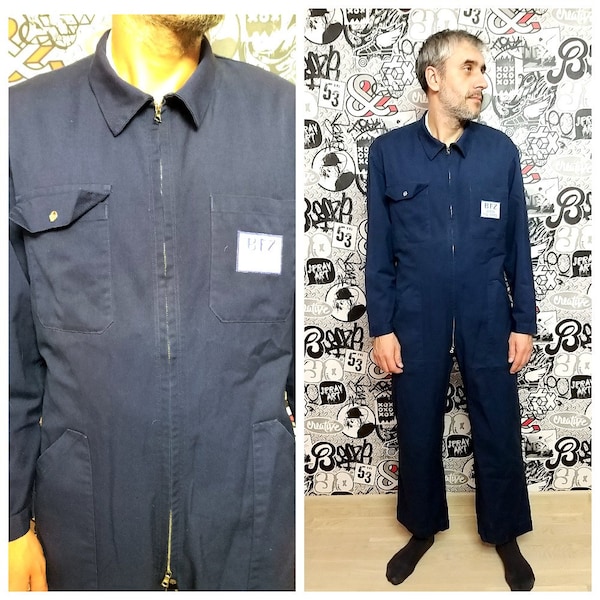 One Piece navy blue Coveralls L vintage navy blue Jumpsuit mens Overalls zip up mens Coveralls utility workwear mechanic uniform