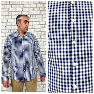 mens Shirt mens Gingham Shirt mens Western shirt long sleeve shirt blue white shirts Hippie shirt Octoberfest shirt M