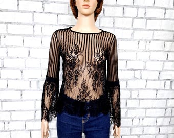 シャツ+ブラウス(長袖+七分) Lochie - vintage highneck black lace tulle blouse 61N0UqTx-YL.jpg