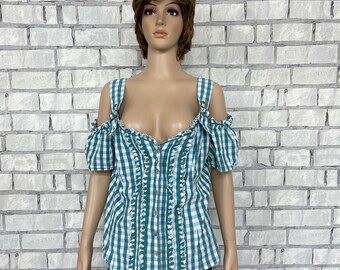 green blue Gingham Dirndl Top L oktoberfest clothing Dirndl Shirt oktoberfest Shirt folk blouse Gingham Top Octoberfest Gingham blouse