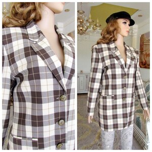 brown Plaid Jacket Plaid blazer Women&#39;s blazer Women&#39;s Clothing Vintage brown Jacket brown blazer Everyday blazer long blazer L