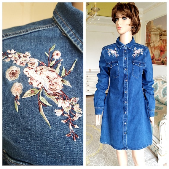 embroidered jean dress Denim dress womens dress Floral embroidery dress Denim dress casual dress button dress BLUE dress L