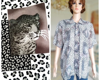 womens blouse womens shirt 90s Gray boho blouse leopard print blouse leopard shirt animal print animal shirt animal Blouse Gray shirt XL