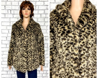 vegan gift faux fur coat S vegan coat womens coat Animal print leopard print coat winter coat beige coat  Warm Coat Trim coat