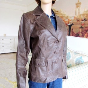 womens Leather blazer 70s retro blazer womens Leather Clothing Vintage Leather jacket brown blazer brown jacket buttom Blazer M image 2