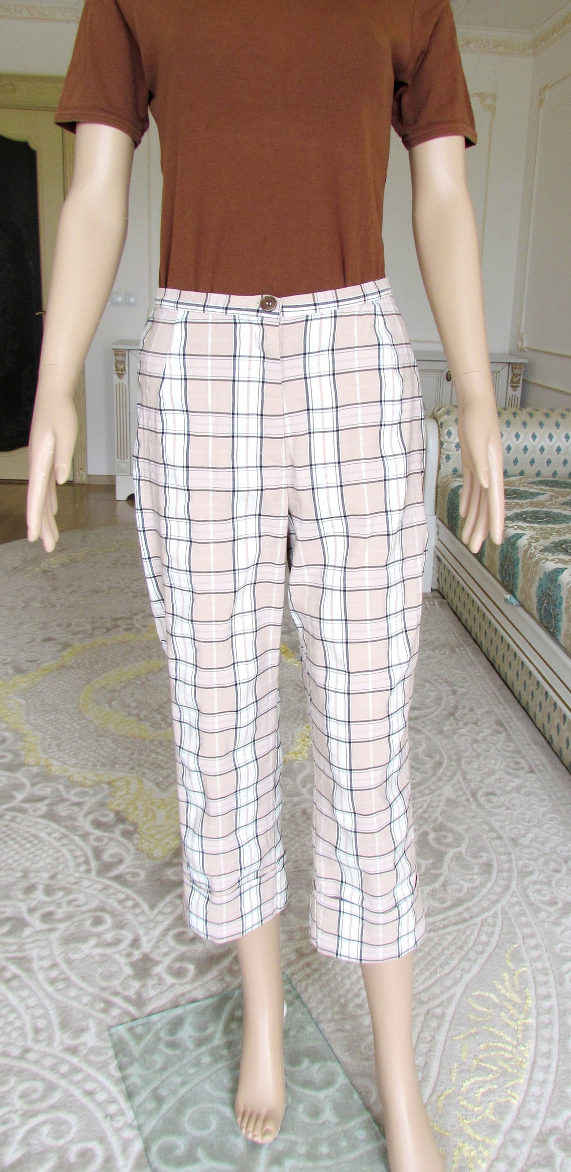Chino Capri Pants Womens Plaid Pants Brown Plaid Pants Retro Etsy