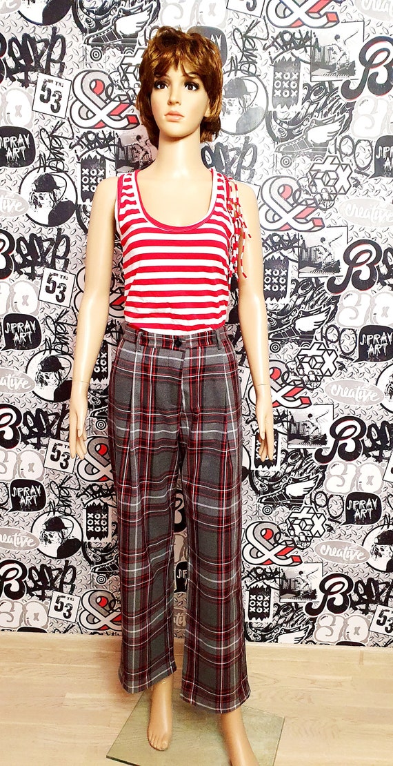 gray red Plaid Pants womens Plaid Pants Retro Pan… - image 3