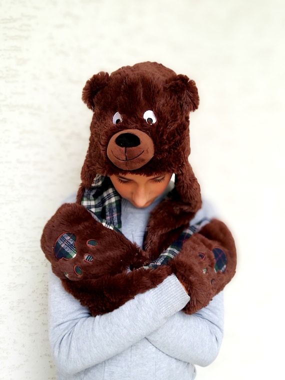 Children Hats Scoodie Scarf Costume Hat Bear Hat Animal Hats Winter Hat Kids Hat Child Fur Earflap Hats Bear Costume Pocket Hat Etsy
