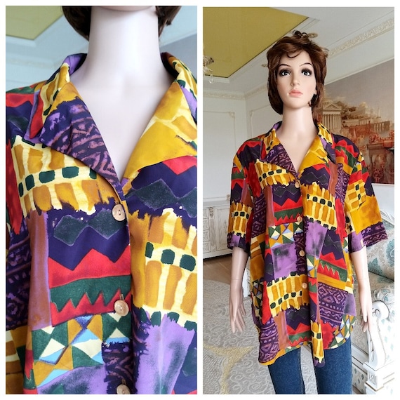 womens abstract blouse 80s Clothing 80s blouse ab… - image 1