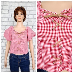 red Gingham dirndl top XS/S Dirndl Blouse Crop folk blouse festival top Octoberfest Blouse Victorian top Renaissance Blouse Dirndl Crop Top