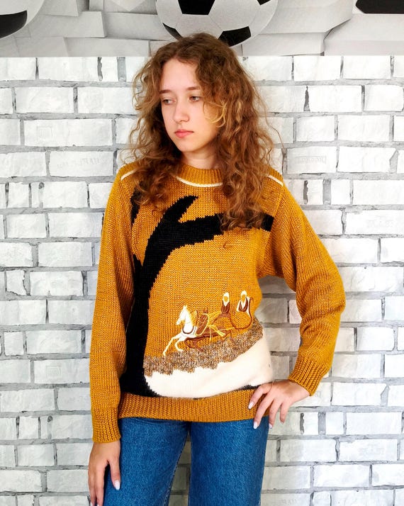 mustard wool  horse print sweater L Womens knitted knit sweater womens jumper  womens mustard wool horse pullover