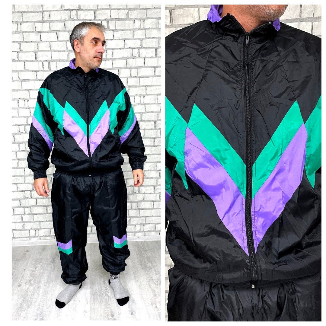 90s Black Track Suit XL Mens Track Suit Colorful Sport Suit Vintage