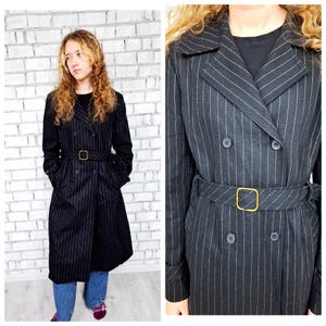 womens coat Striped coat retro Coat wool coat M long coat Double Breasted coat Vintage Black coat Spring coat  Belted Coat