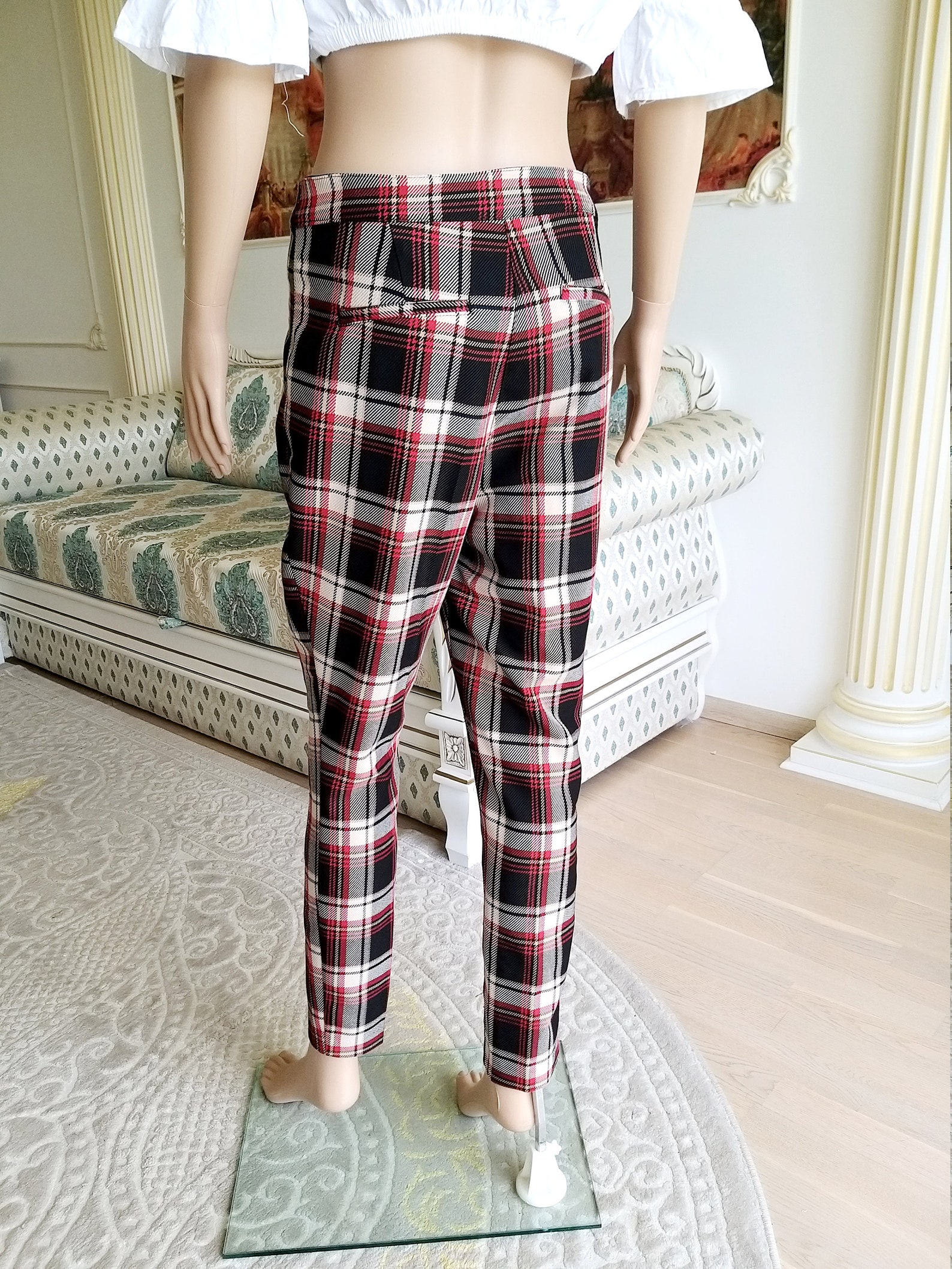 womens plaid pants with side stripe