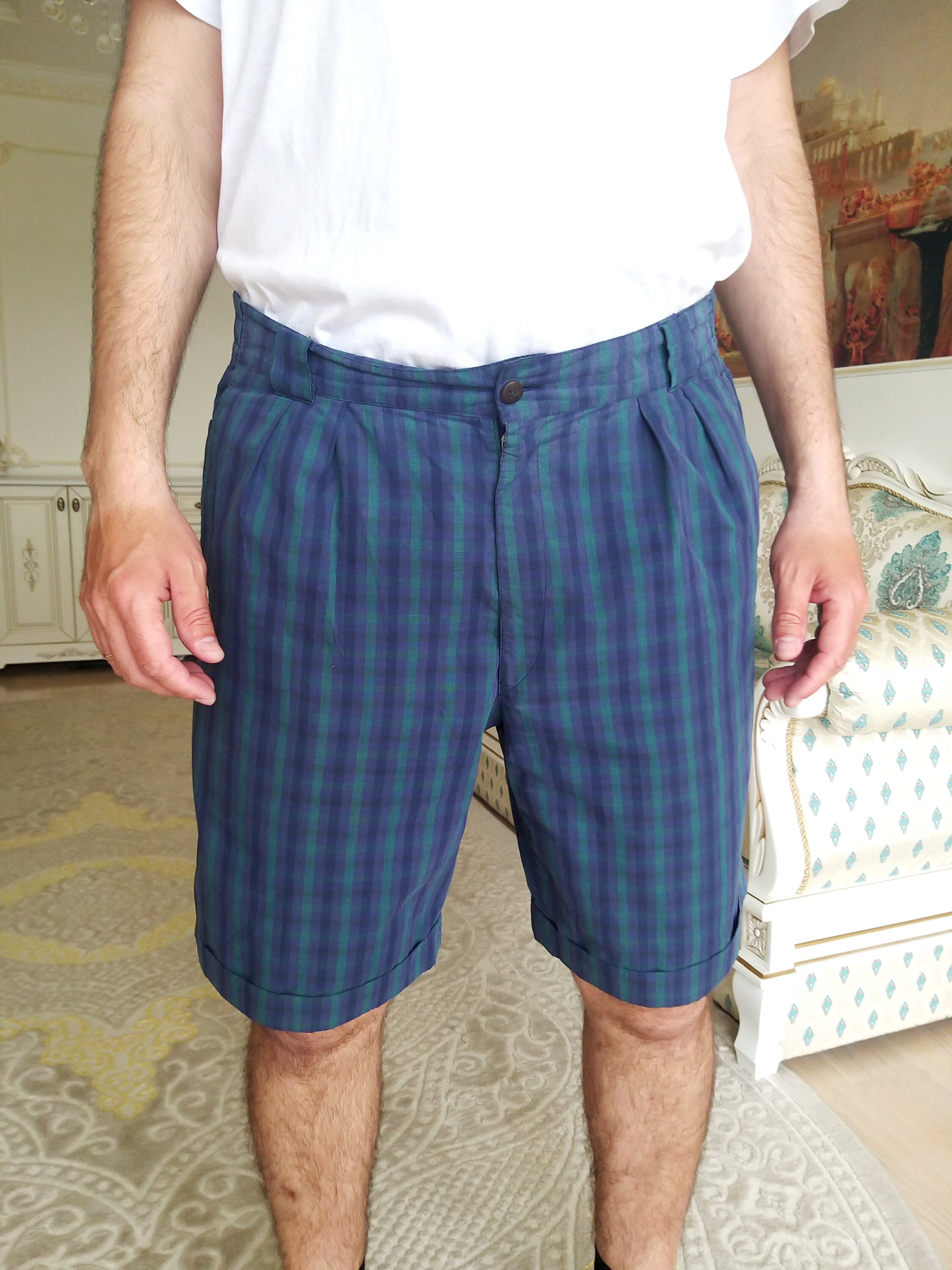 Green Plaid Shorts 80's Men's Clothing 