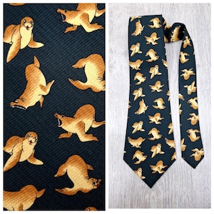 Mens tie Mens Necktie collectible tie novelty tie Black ANimal tie Statement Tie animal Necktie seal print tie vintage seal Necktie