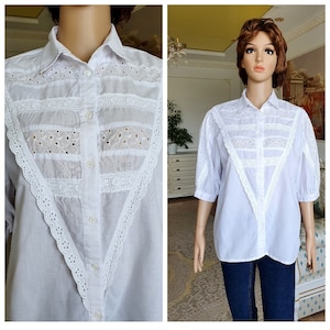 70s Victorian Blouse XL Victorian Clothing collared blouse puffy sleeve blouse white Blouse womens blouse Edwardian shirt retro lace Blouse