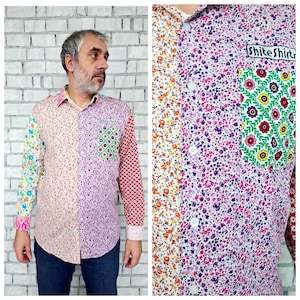 Abstract print shirts mens patchwork shirt festival shirt  boho shirts hippie shirts long sleeve shirt multicolor shiteshirt shirt  L