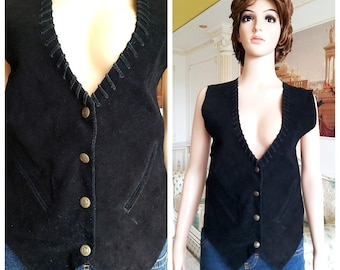 womens Leather Vest Black suede Vest Leather Clothing cowgirl Vest Vintage 90s Western Vest Black Vest L Black Leather Vest