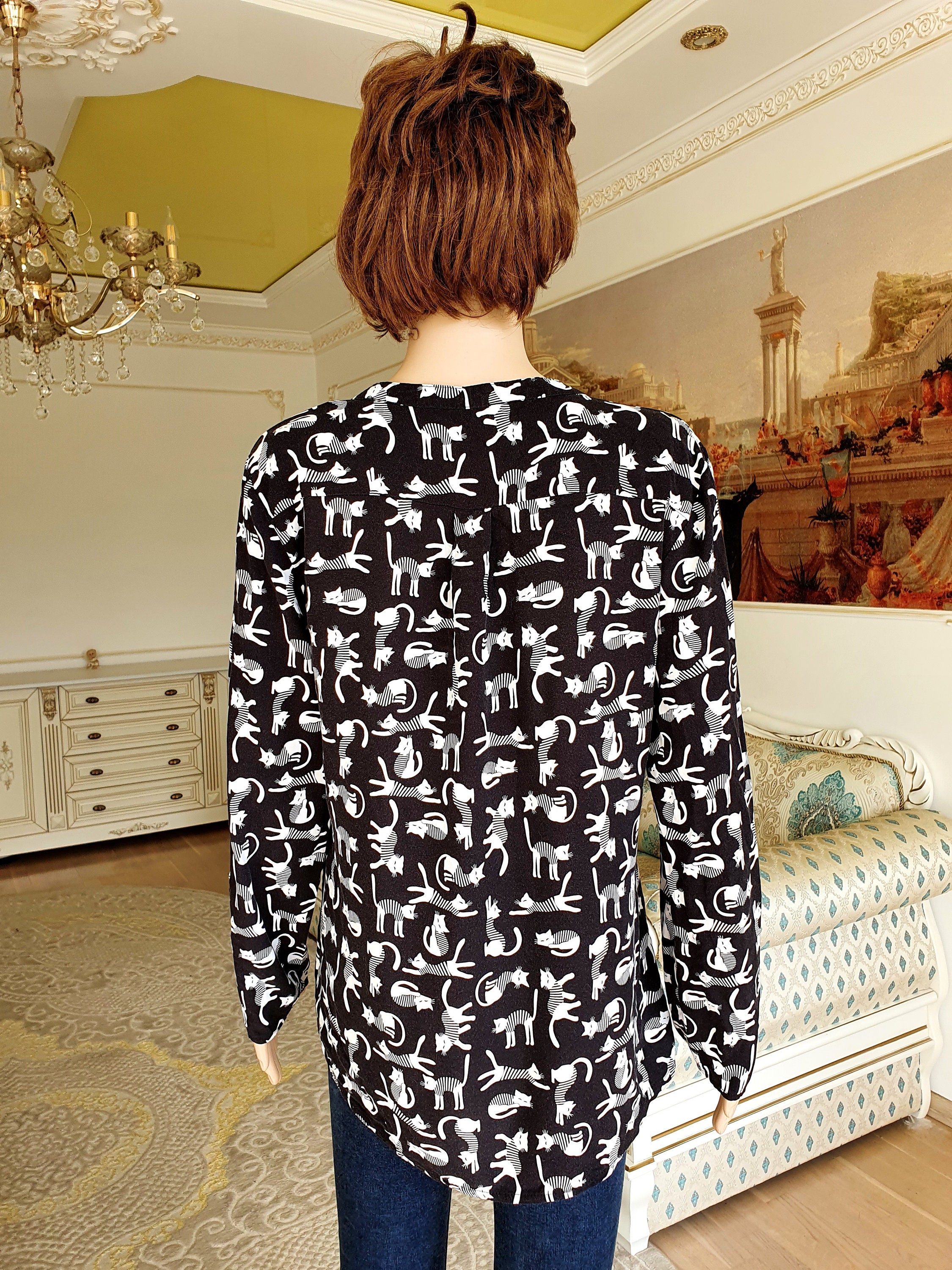 Cat Shirt Cat Top Cat Print Top L Animal Print Top Animal Etsy