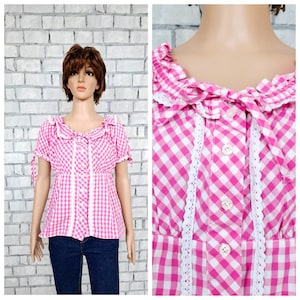 pink Gingham  dirndl top L Dirndl Blouse Crop folk blouse festival top Octoberfest Blouse Victorian top Renaissance Blouse Dirndl Crop Top