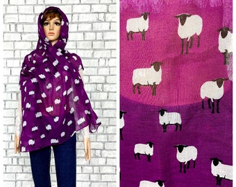 purple large scarf animal shawl sheep print scarf womens scarf vintage sheep shawl animal Scarf wide scarf womens shawl