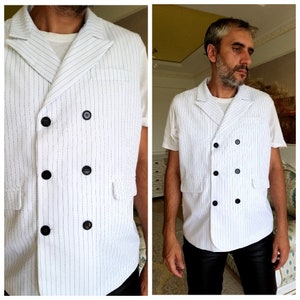 men waistcoat men boho Vest XXL Mens Vest white Vest  Sleeveless Jacket mens Double Breasted Vest Striped Vest Wedding Vest groom Vest