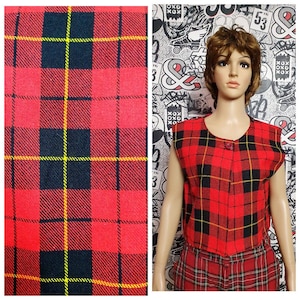 red Plaid Vest L BOHO Vest Vintage womens Vest  Patterned Top womens waistcoats Retro Vest wool Vest Checkered Vest