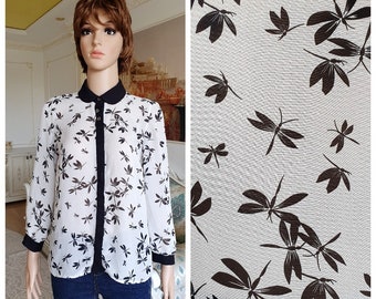 Peter pan Collar blouse  womens shirt womens blouse S dragonfly print shirt Button Up dragonfly blouse minimalist shirt Mod shirt